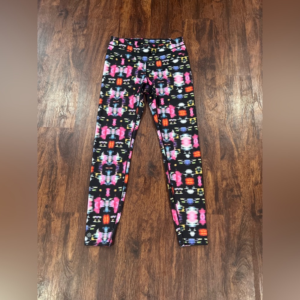 Athleta women’s Leggings - Black with Pink and Blue Pattern NWOT